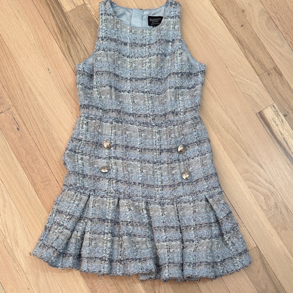 Bardot Light Blue Tweed Sleeveless Drop-Waist Dress with Gold Buttons